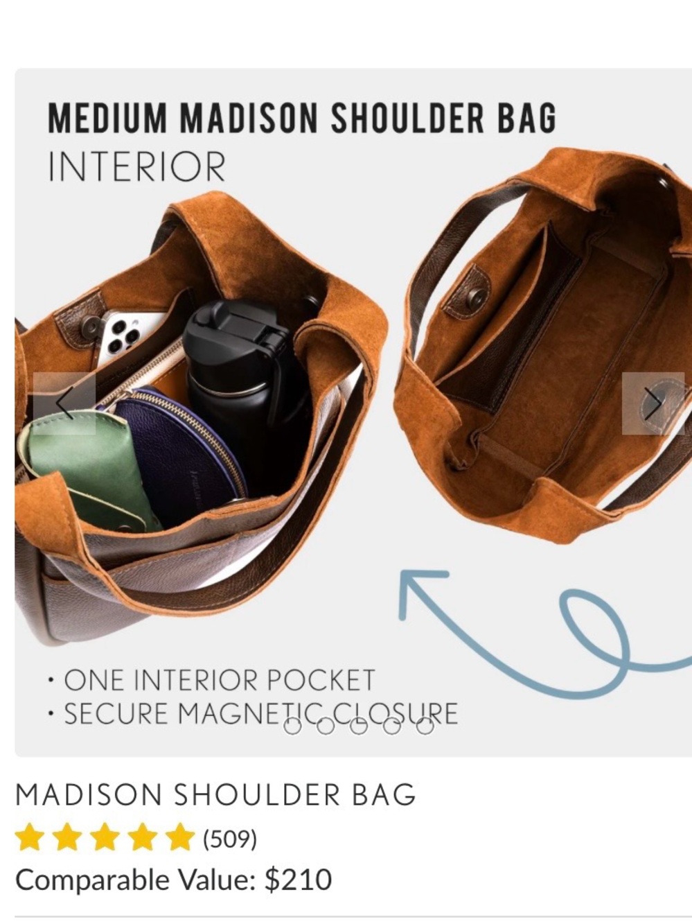 PORTLAND LEATHER COMPANY MEDIUM MADISON SHOULDER BAG IN NUTMEG - Picture 7 of 14